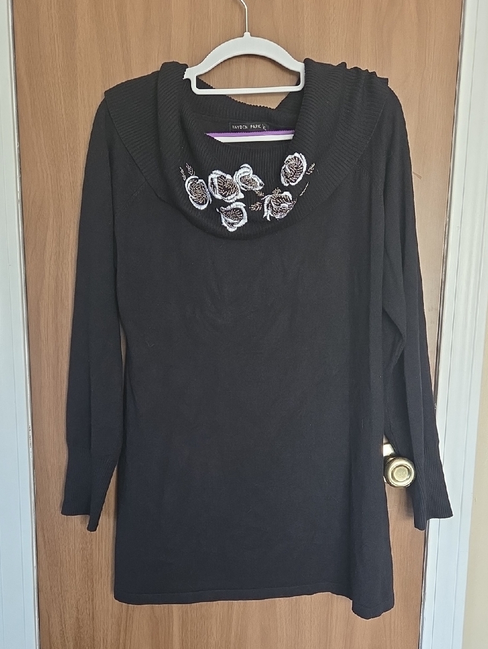 Hayden Black Cowl Neck Sweater with White Floral Embroidery With Gol Beads